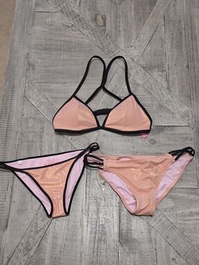 Victoria's Secret Shimmery Pink Triangle Bikini Set with Black Trim